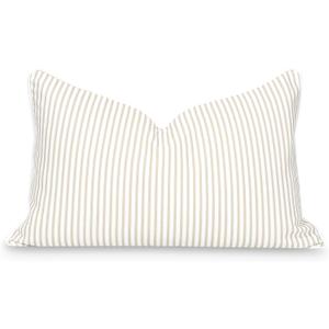 Hofdeco Premium Fall Coastal Patio Indoor Outdoor Lumbar Pillow Cover Only, 12"x20" Water Repellent for Backyard, Couch, Neutral Tan Stripe