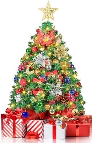 2FT Mini Christmas Tree, Artificial Tabletop Christmas Trees with 60 LED Lights, Prelit Small Christmas Tree, 100 Branch Tips, 80 Ornaments, Indoor Christmas Table Decor for Home Party