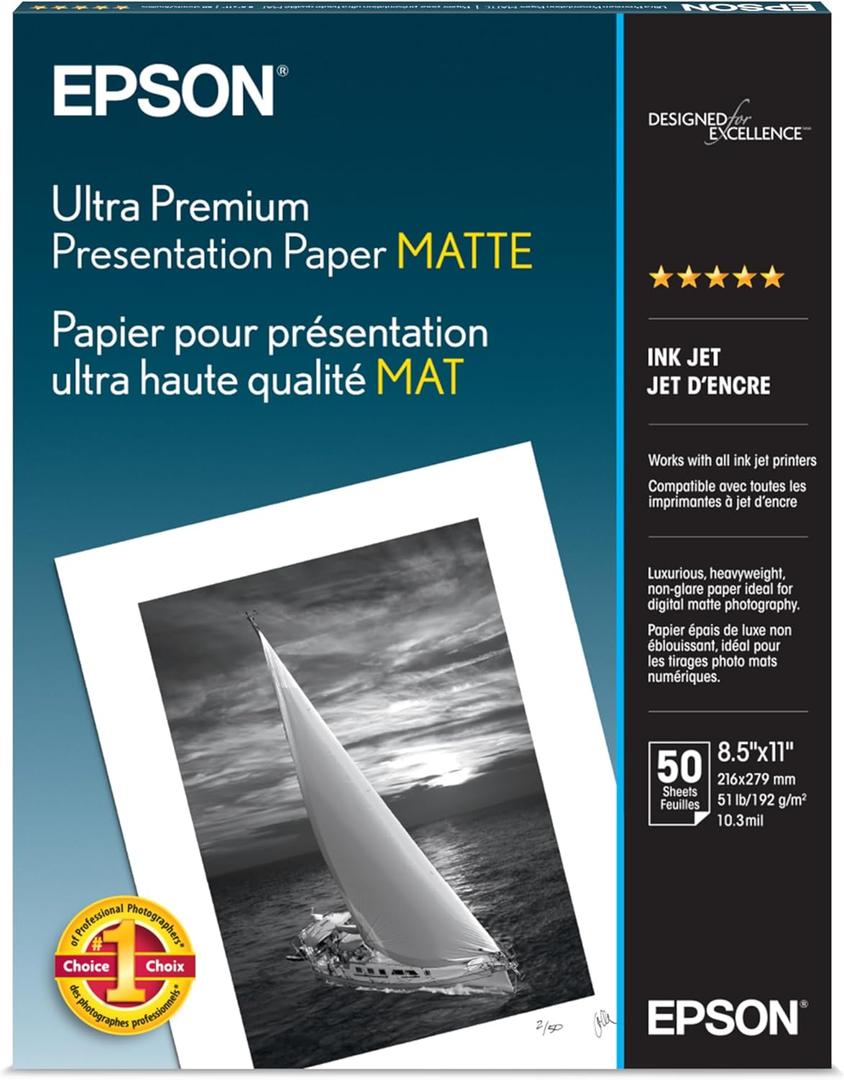 Epson Ultra Premium Presentation Paper MATTE (8.5x11 Inches, 50 Sheets) (S041341),White