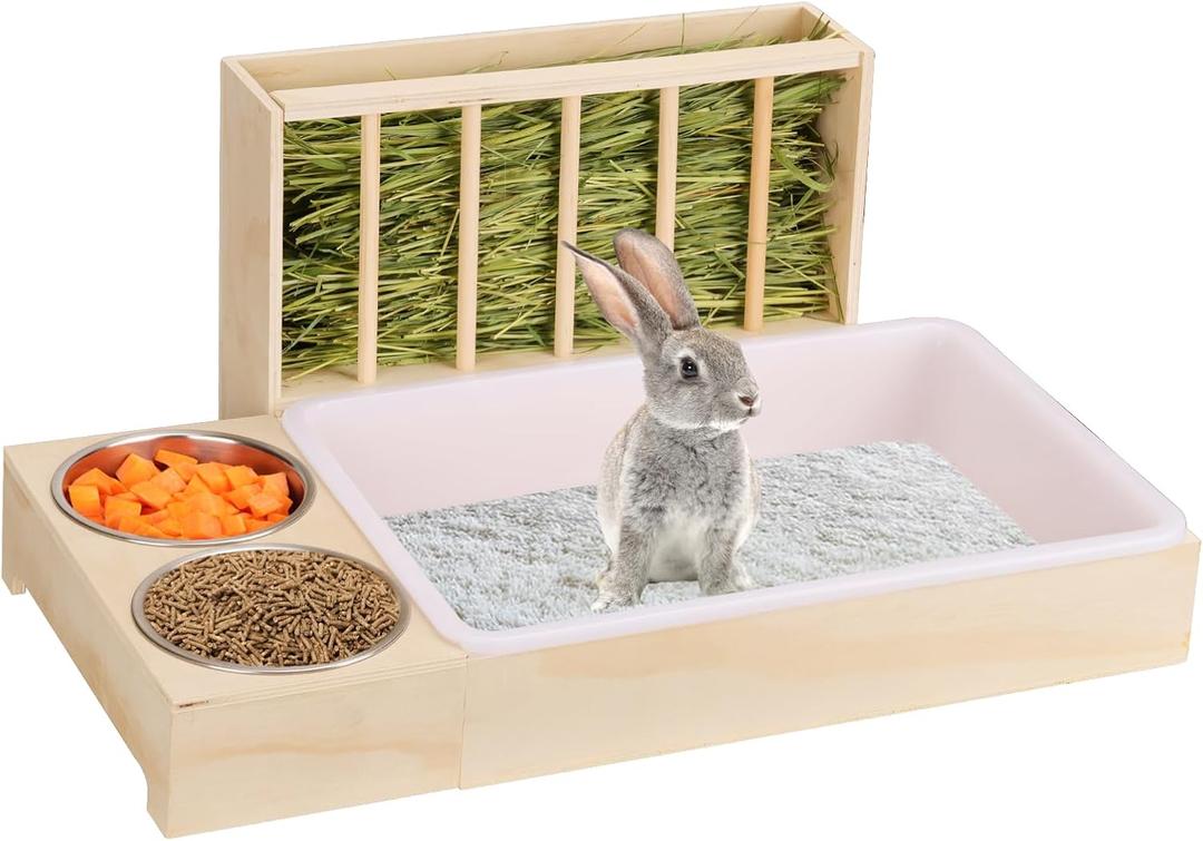 3 in 1 Rabbit Litter Box with Hay Feeder and Bowls - Wooden Rabbit Hay Feeder for Guinea Pig, Hamster, Small Animals