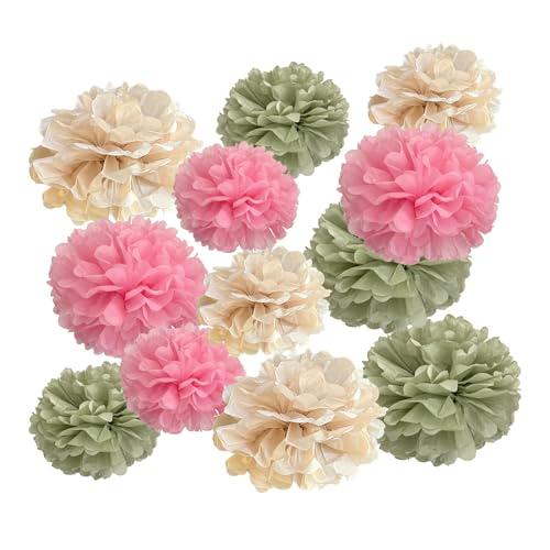 ZOOYOO Sage Green Tissue Paper Pom Poms Decorations, 12 PCS Pink Green Birthday Baby Shower Decor, Boho Neutral Wedding Bridal Shower Engagement Party Decorations