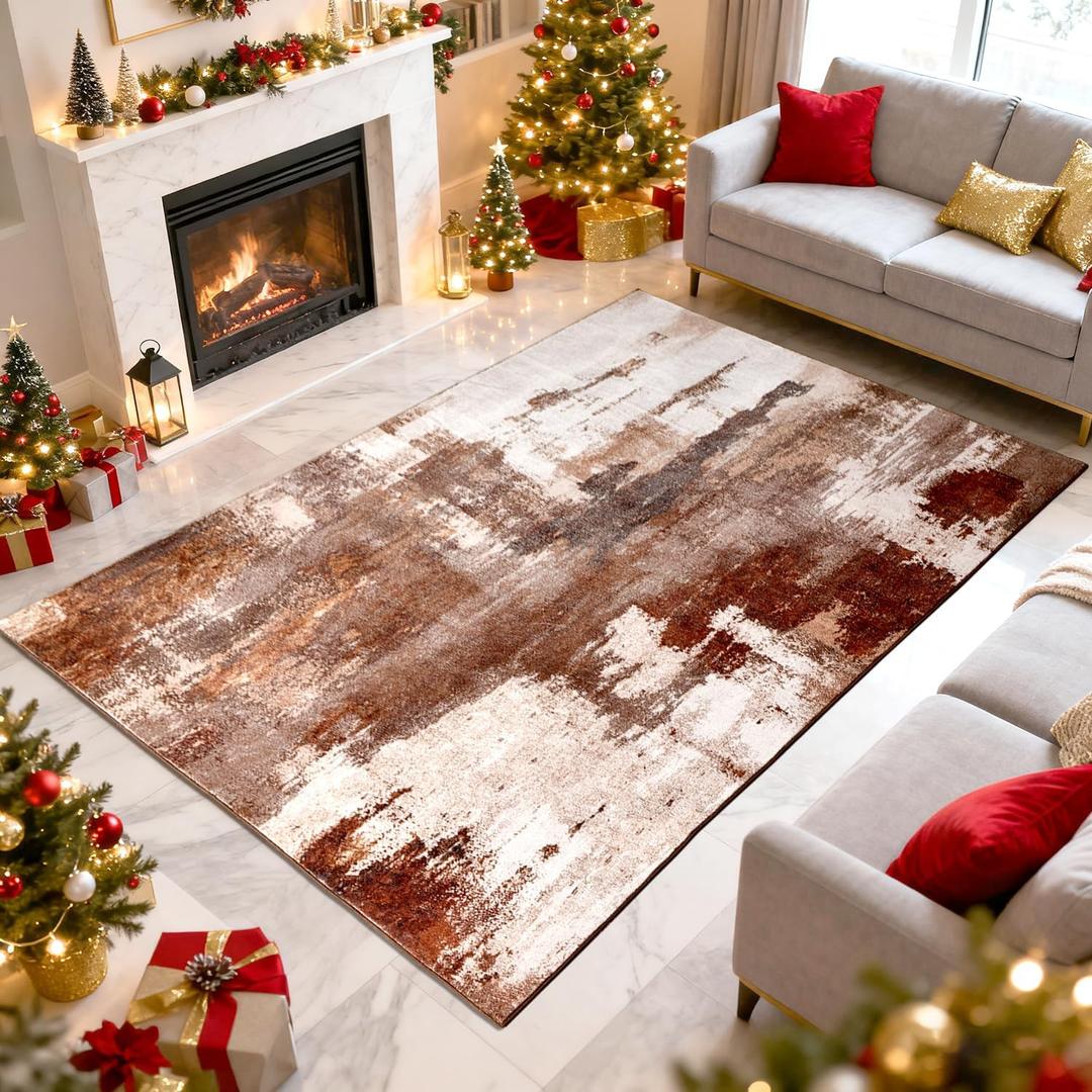 Modern Abstract Rug, Soft Faux Wool Carpet, Non-Slip & Easy to Clean Rug, Suitable for Bedroom, Dining Room,Office Home Decoration,Modern Minimalist Style Rugs (Brown,5' x 7' (Rectangular))