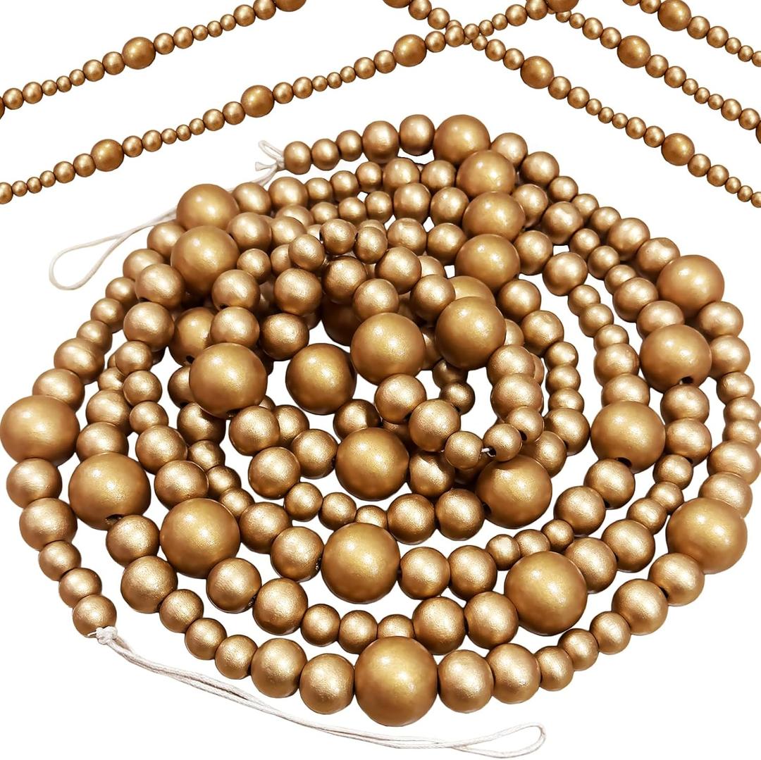 118 Inch Christmas Wood Bead Garland,Gold Wooden Bead Garland for Christmas Tree,Round Craft Farmhouse Vintage Wood Beads Garlands for Xmas Decoration Supplies