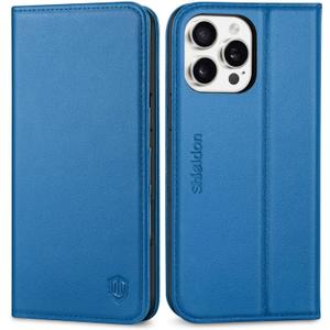 SHIELDON Wallet Case for iPhone 16 Pro Max 5G 2024, Genuine Leather Magnetic RFID Blocking Credit Card Slot Kickstand Full Protection Case Compatible with iPhone 16 Pro Max 6.9" - Nappa Sapphire Blue