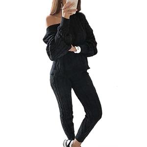 Lucuna Two Piece Outfits for Women Solid Rib Knit Pullover Sweater Tops & Tight Long Pants Warm Fall Outfits, M