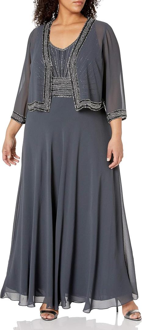J Kara Womens Plus Size Jacket Dress with Beaded Trim (Blue)