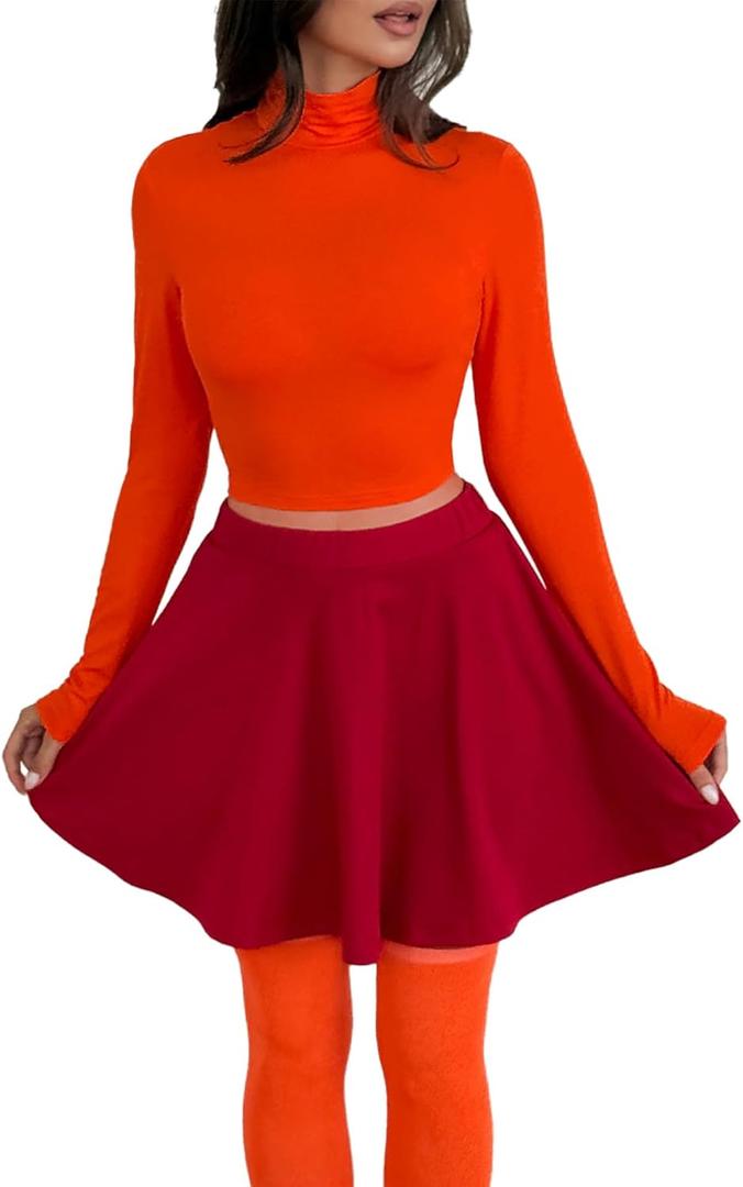 Laqeyko Womens Basic Mock Neck Slim Fitted Long Sleeve Turtleneck Pullover Crop Tee Top with Red Skirt and Orange Socks (Medium)