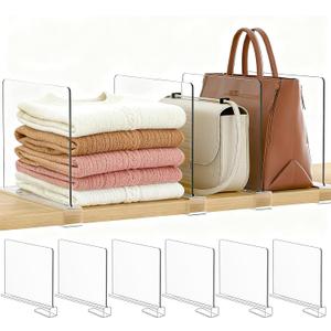 Purse Organizer for Closet Shelf Dividers: 6-Pack Adjustable Clear Acrylic Bag Storage Organizer for Handbags, Sweaters, Towels, Jeans and Shoes on Wood Shelves (Standard: 8" Tall x 12" Deep)