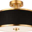 3-Light Semi Flush Mount Ceiling Light Fixture, 12.6" Gold Drum Light with Black Fabric Shade, Modern Close to Ceiling Light for Living Room Bedroom Dining Room Kitchen Hallway Entry Foyer (Brushed Gold + Black Fabric)