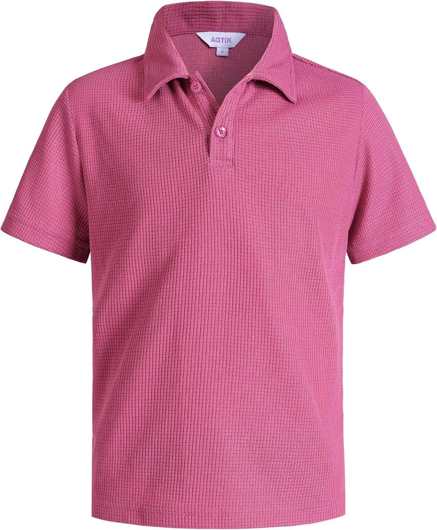 Boys Casual Polo Shirt Short Sleeve Waffle Solid Collared Shirts for Kids Aged 10 Years