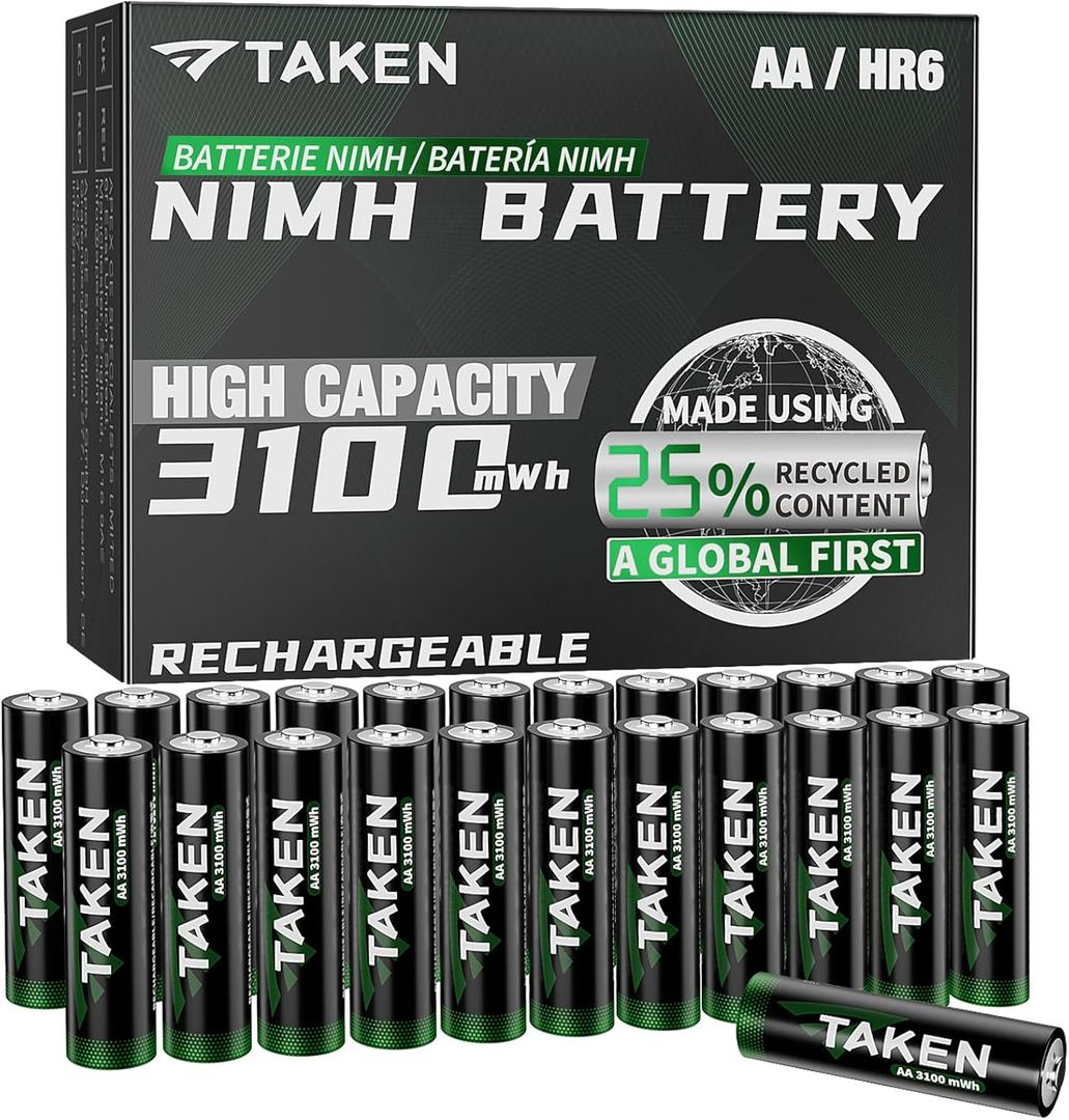 Taken Rechargeable AA Batteries 3100mWh 24-Pack NiMH High Capacity, Double A Batteries Made Using 25% Recycled Content, Recharge up to 2000x Times, Pre-Charged
