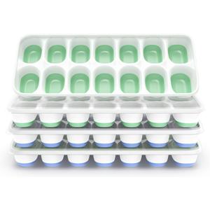 ChefAide Ice Cube Tray with Lid, 4 Packs 56 Cubes Durable Stackable Ice Cube Trays for Freezer with Removable Lids, Easy-Release Plastic & Silicone Ice Tray for Cocktail, Coffee (Mint+Space Blue 4 Pack)