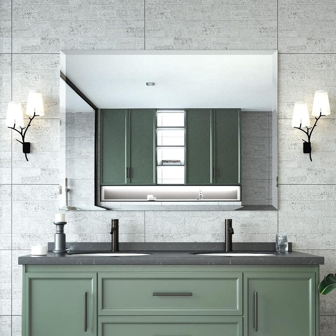 Mirrorons Beveled Mirror, Bathroom Mirrors for Wall 40" x 30", Frameless Rectangle Bathroom Mirror with Beveled Edge, Hangs Horizontally or Vertically, Upgraded Packing
