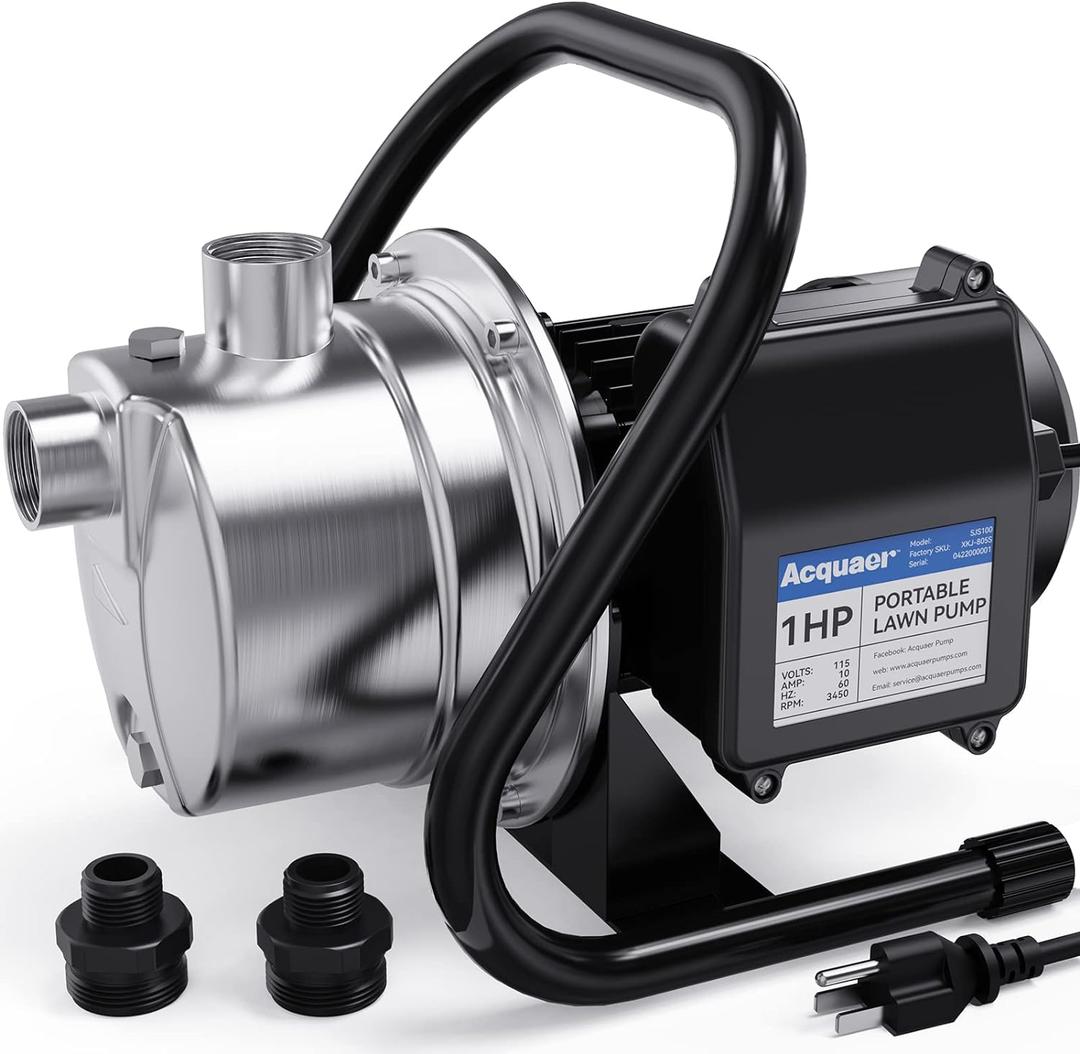 Acquaer 1 HP Portable Shallow Well Pump, Stainless Steel, 998 GPH, 115V Sprinkler Pump for Water Removal/Lawn Garden