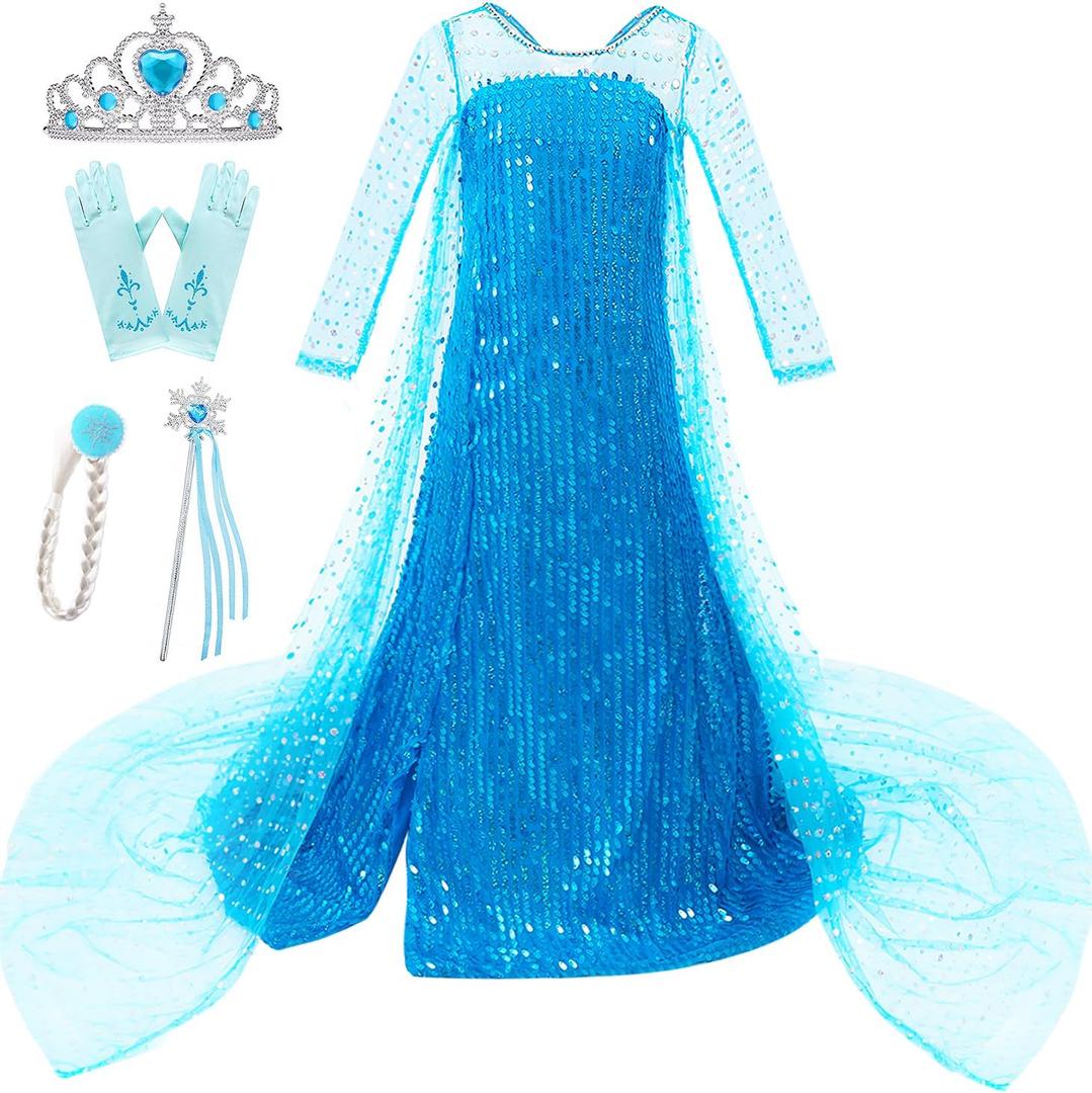 Esvaiy Girls Princess Elsa Dress Costume - Luxury Sequin Halloween Birthday Party Dress Up Kids (4-5 Years, Blue)