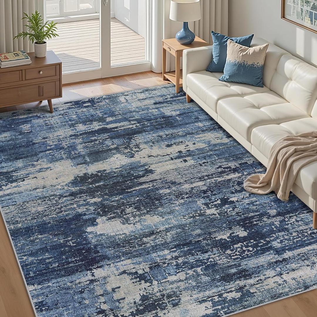 Area Rug Living Room Rugs: 6x9 Rug for Bedroom Machine Washable with Non Slip Backing Non Shedding Abstract Stain Resistant Large Carpet for Dining Room Nursery Home Office - Beige/Blue