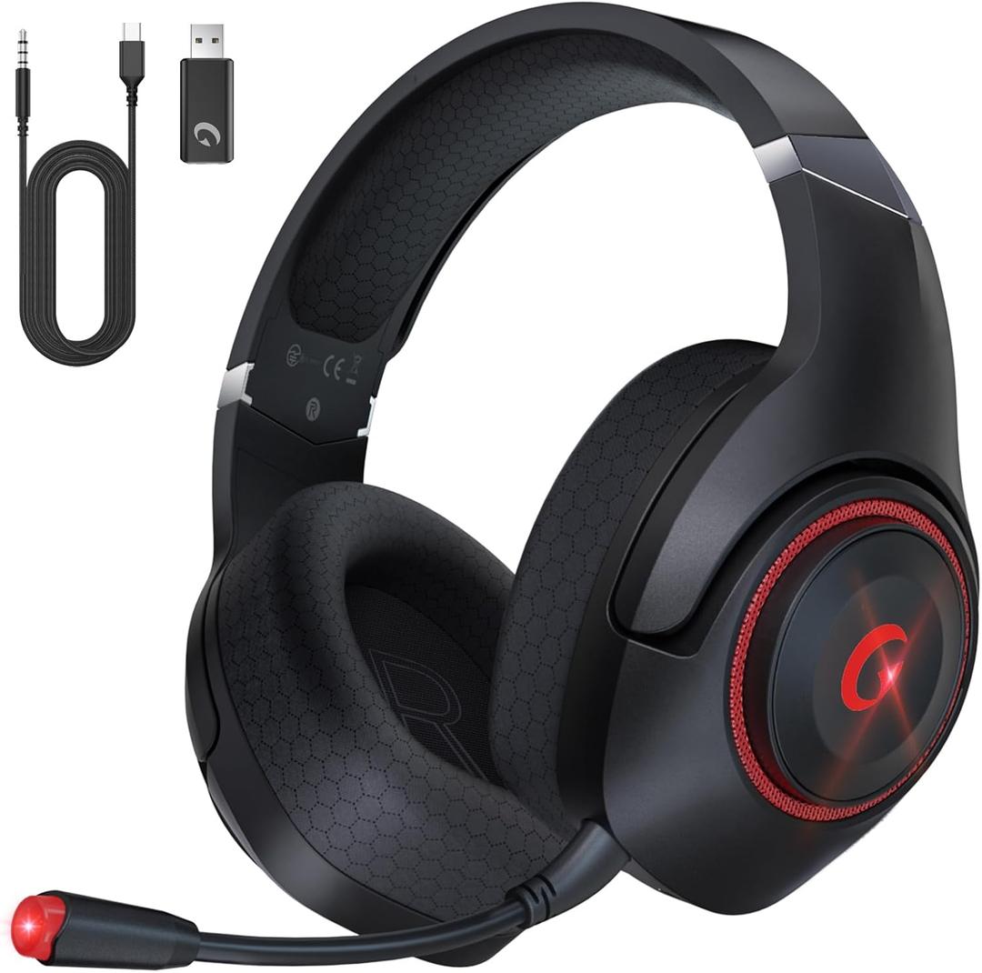 Wireless Gaming Headset with Mic, 2.4GHz USB Gaming Headphones for PC, PS4, PS5, Mac with Bluetooth 5.2, 40H Battery Life, ONLY 3.5mm Wired Jack for Xbox Series (Black Red)