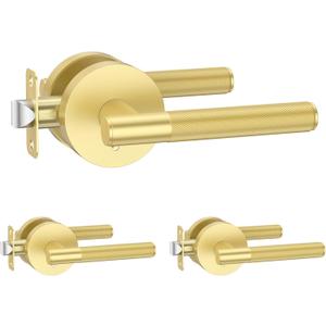 Amerdeco 3 Pack Brushed Gold Door Handles Interior, Knurled Privacy Door Handles with Lock,Heavy Duty Gold Door Lever for Bedroom or Bathroom,Reversible Keyless for Left Right Handed Doors