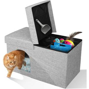 2-in-1 Cat Litter Box Enclosure Furniture with Waterproof Liner  Hidden Cat Litter Box Furniture, Ottoman with Storage & Odor-Control Tray for Small to Medium Breeds (Gray, Medium)