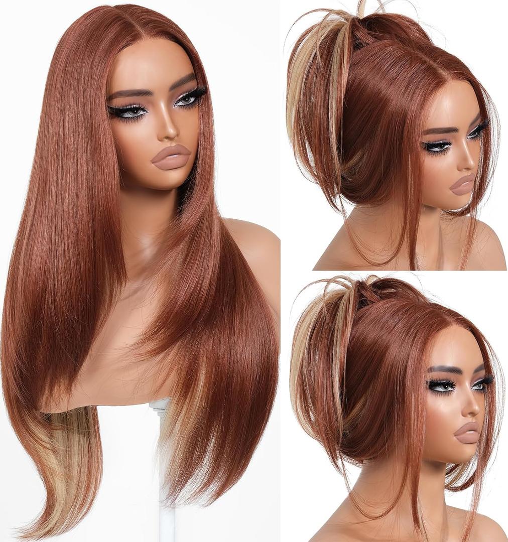 BrownBomb Cooper Blond Wear and Go Glueless Wigs Pre Plucked Pre Cut for Beginners Synthetic Lace Front Wigs For Woman With Bangs Long layered Straight 26 Inch Ginger Highlights 3 Seconds to Wear