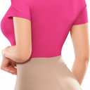 MANGOPOP Women Square Neck Short Sleeve Bodysuit Double Lined Thong Body Suits Shirts Basic Top (X-Small, Hot Pink)