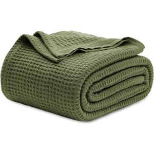 Bedsure Gentlesoft 100% Cotton Blanket Queen Size for Bed - Breathable and Soft, Waffle Weave Blanket for Summer, Thick Cozy Fall Blankets for Women Gift, Olive Green, 90x90 Inches
