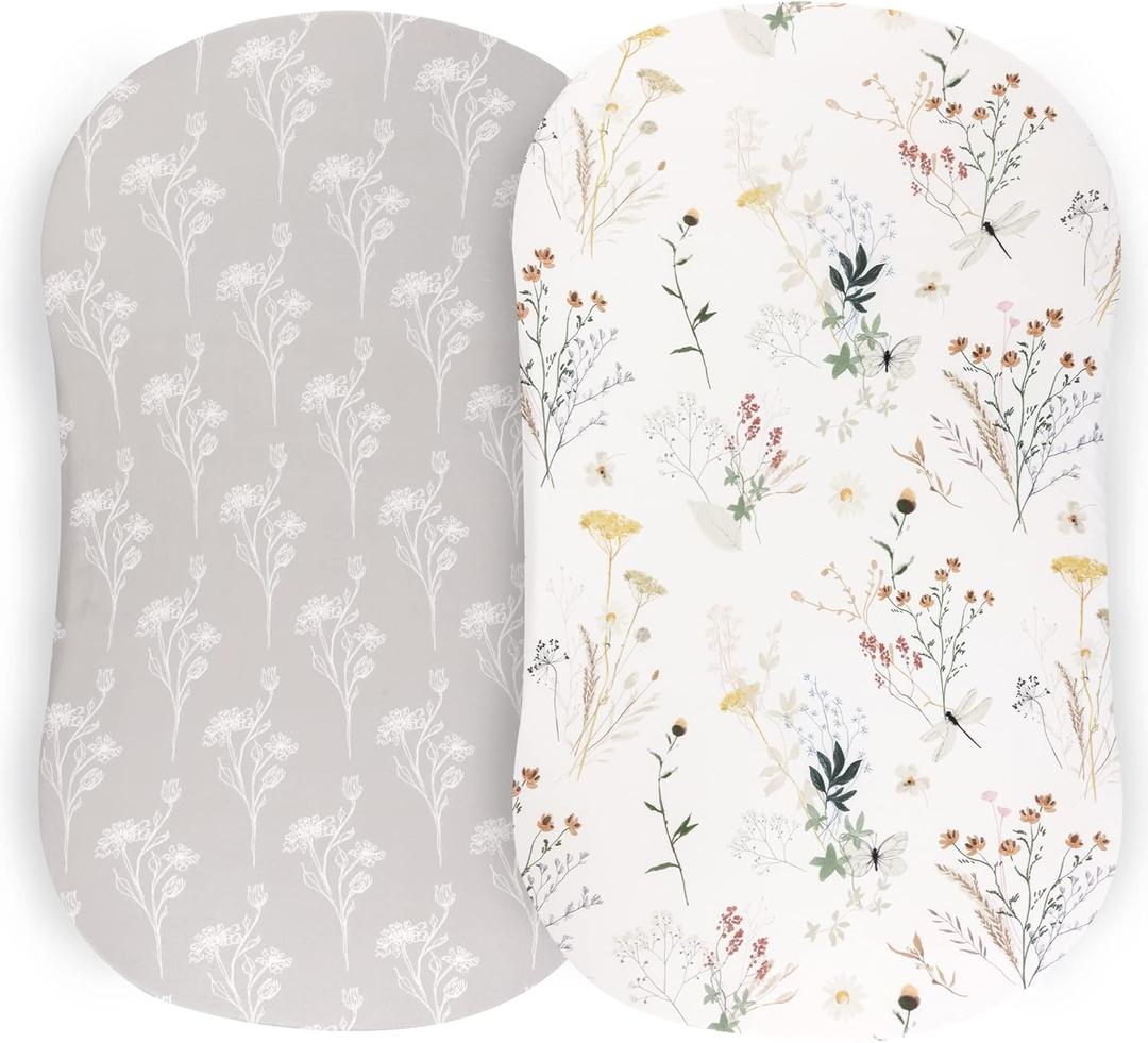 Pobibaby - 2 Pack Premium Bassinet Sheets for Standard Bassinets - Ultra-Soft Jersey Knit, Stylish Floral Pattern, Safe and Snug for Baby (Wildflower) (Wildlife)