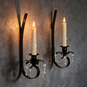 Set of 2 Black Metal Wall Candle Sconces with Crystal Pendant - Hanging Candle Holder for Farmhouse Fireplace, Living Room, Hallway, Stairway Decor (2, Black-A Style)