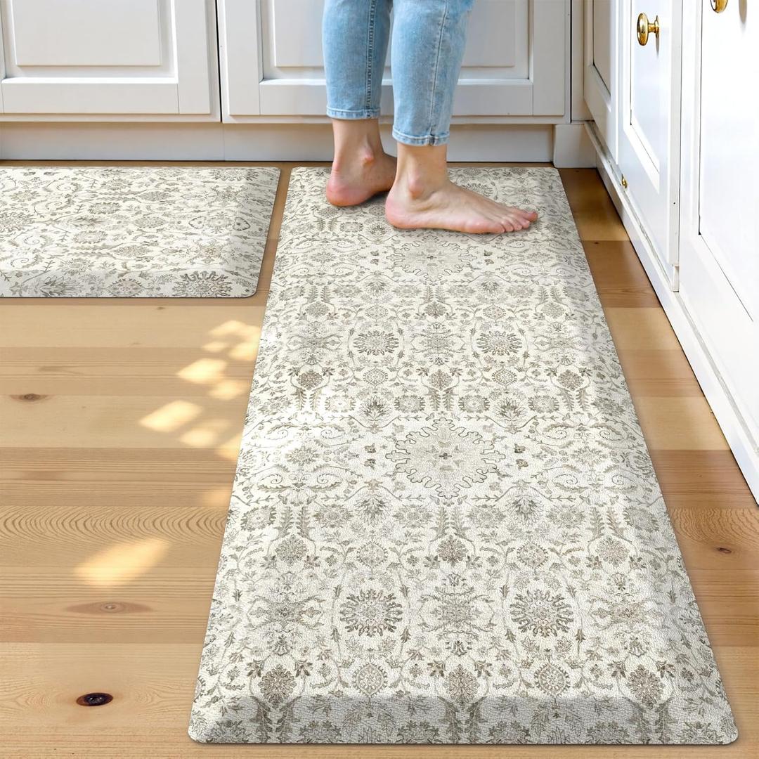 Collive Kitchen Mats for Floor 2 Piece, Cushioned Anti Fatigue Mat Beige Floral Rugs Non Slip Waterproof Sink Rug, Memory Foam Comfort Standing Desk Mat for Laundry, Home Office (17.3"x47"+17.3"x28")