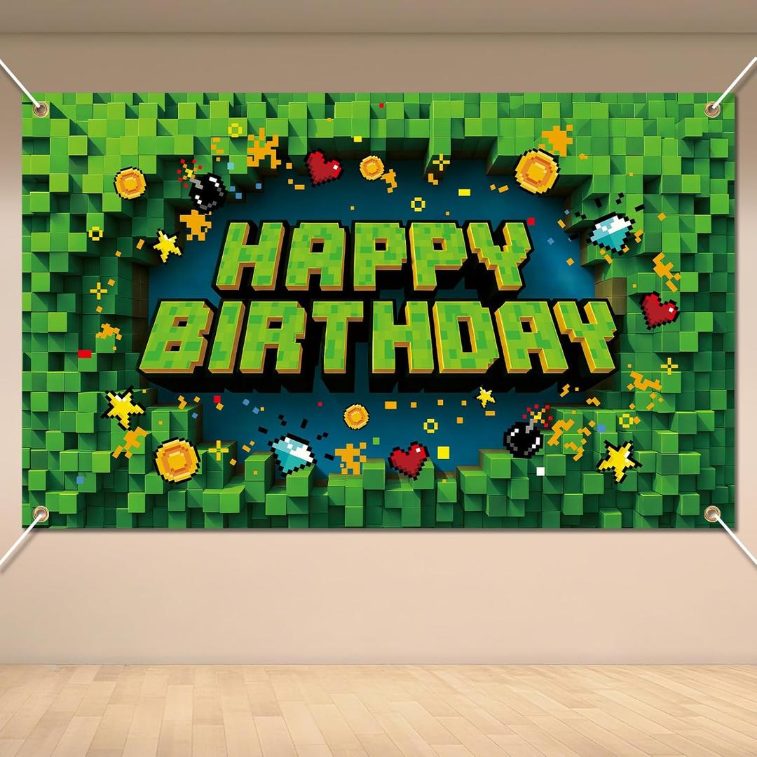 Pixel Happy Birthday Banner, Video Game Theme Birthday Pixel Banner Backdrop Cool Gaming Party Supply with Ribbon for Party Decoration Home Celebration for Kids