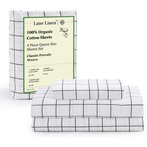 LANE LINEN 100% Organic Cotton Queen Bed Sheet, Fade Resistant Printed Cotton Sheets Low Pill Soft & Comfy Machine Washable Queen Size Deep Pockets Fits Upto 15" - Windowpane