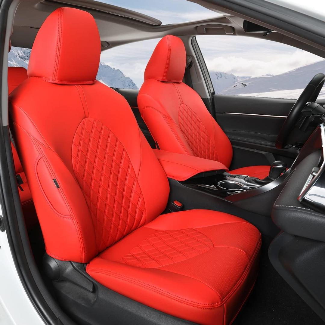 GIANT PANDA Customized Full Set Car Seat Covers Fit for Toyota Camry LE SE SE Nightshade 2018 2019 2020 2021 2022 2023 2024 Faux Leather- (Red)