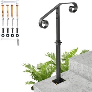 Handrails for Outdoor Steps, 1-2 Step Single Post Handrail, 38" H Rustproof Wrought Iron Stair Railing with Assembly Tool Kit for Concrete Steps, Wood Steps, Black