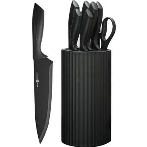 Knife Set, 8-Piece Kitchen Knife Set with Universal Block - Anti-Rust Chef Knives, Ergonomic Design, Dishwasher Safe (Black)