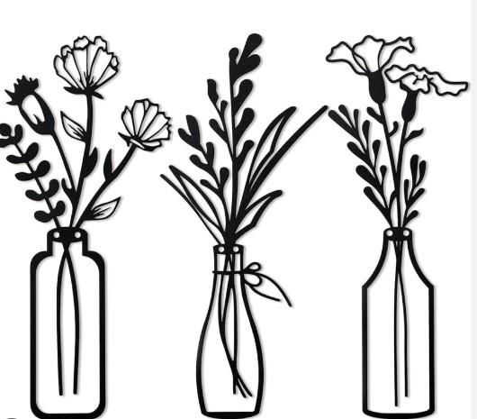 Hotop 3 Pieces Metal Flower Wall Decor Metal Vase Door Art Wall Sculptures Hanging Flower in Vase Hanging Iron Decor for Living Room Kitchen(Black)