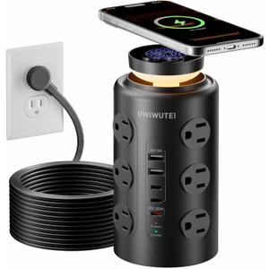 Tower Power Strip Surge Protector with Wireless Charging & Night Light - PD20W Fast Charging Station,12 Outlets, 5 USB (3 USB-C),1800J Protection, 6FT Extension Cord, Home Office Essentials (Black)