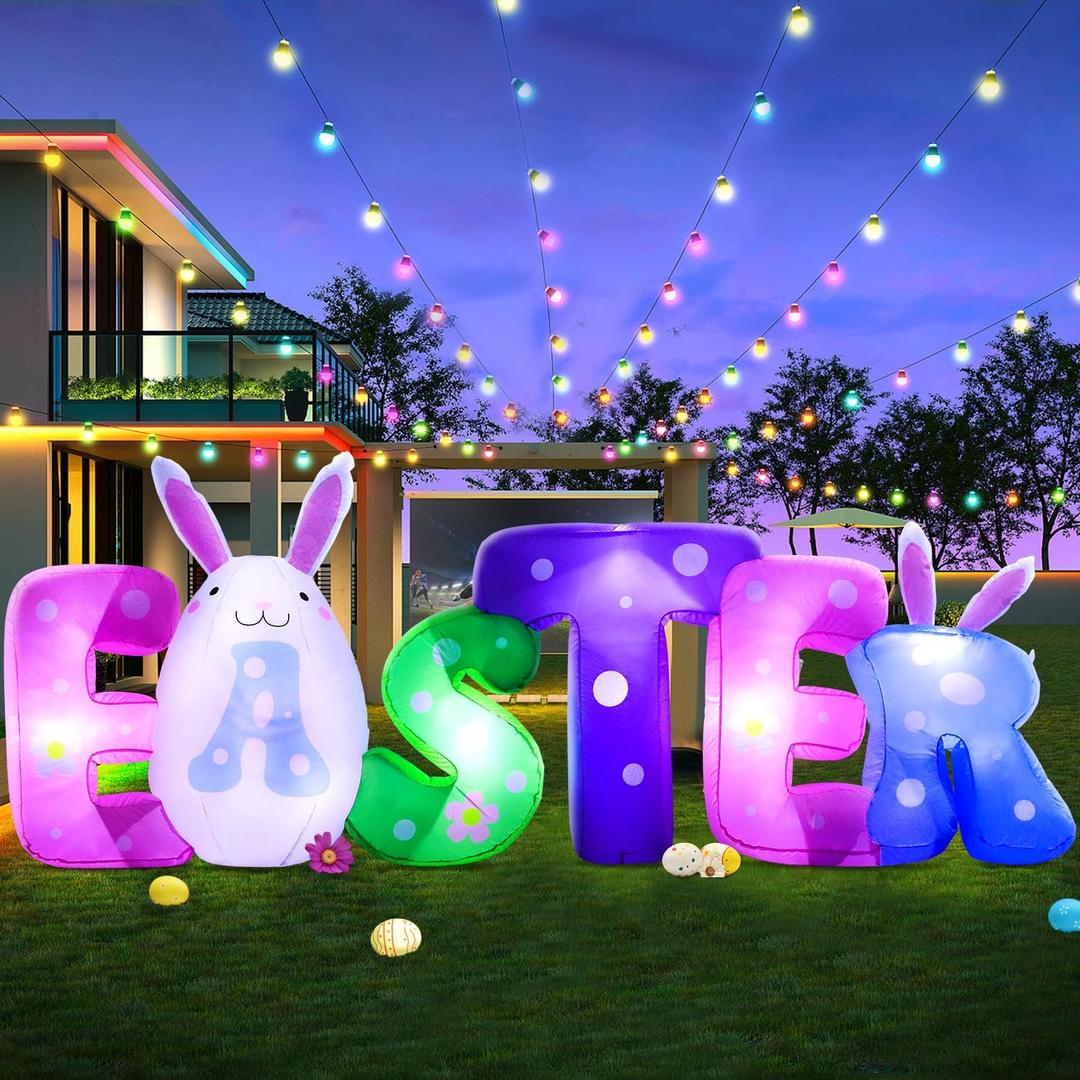 2025 New 8FT Long Easter Inflatable Banner Outdoor Decorations with, Build-in LED Lights Holiday Blow Up Yard Decoration, for Easter Holiday Party, Outdoor,Garden, Yard Lawn Dcor