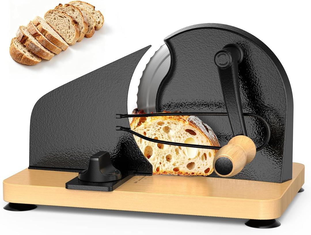 Upgraded Manual Bread Slicer for Homemade Sourdough Bread Adjustable Thickness& Evenly Slicing, Metal Guide, Hand Crank Bread Slicer with Scale Line & Suction Base,Sharp Stainless Steel Blade (Black)