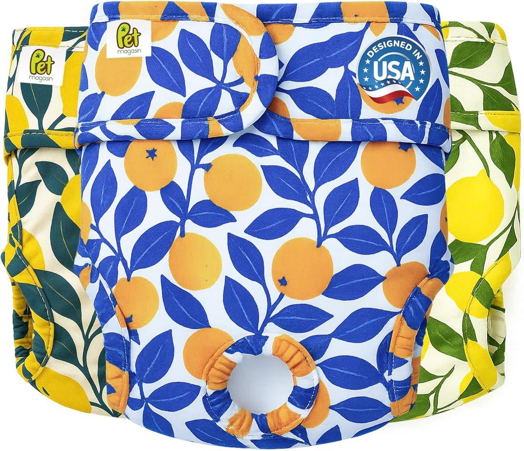 Pet Magasin Super Absorbent Reusable Dog Diapers for Females (3-Pack) - Ideal Heat Solution, Washable Doggie Diapers for Female Dog - Perfect Doggie in Heat & Period (Botanical, L (17-24 Waist)) Pet Magasin Super Absorbent Reusable Dog Diapers for Females (3-Pack) - Ideal Heat Solution, Washable Doggie Diapers for Female Dog - Perfect Doggie in Heat & Period (Botanical, L (17-24 Waist))