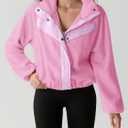 Fisoew Womens Fuzzy Fleece Cropped Jackets 2025 Fall Long Sleeve Zip Up Stand Collar Sherpa Jacket Winter Coats with Pockets (Pink)