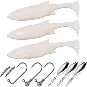 Paddle Tail Swimbaits Set, Ultra Soft PVCFreshwater & Saltwater Ready, Includes Hooks, Weight & Spinnerbait BladesFishing Gear for Bass and Predator Fish (4.33, White)