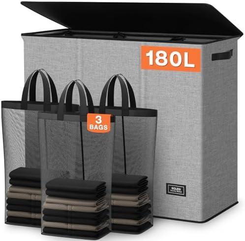 SOLEDI 180L Laundry Hamper 3 Section, Extra Large Laundry Hamper with Lid, Dirty Clothes Hamper with Sturdy Handle, Large Laundry Basket Organizer for Laundry Room, Bedroom, Hampers for Laundry