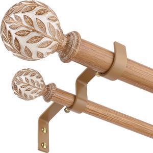 Wood Double Curtain Rod, Boho Decorative Long Dual Curtain Rods for Windows 84 to 120 Inch, 1" Adjustable Heavy Duty Double Rod, Unique Handmade Imitation Wood Grain Leaf Finial Design