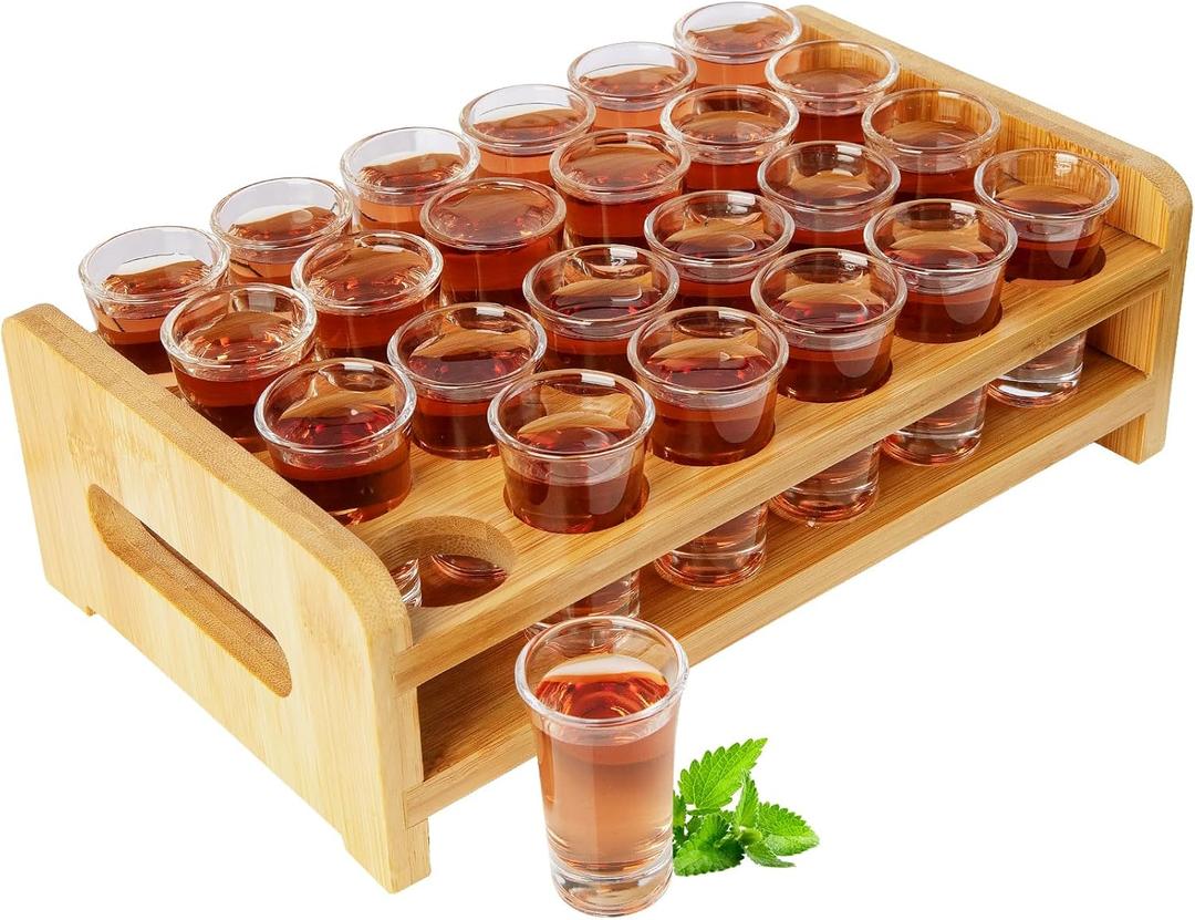 SuproBarware Mini Shot Glasses Set with Holder 0.5oz-0.66oz/15ml-20ml Cocktail Holder and Small Shot Glasses 24pcs Drinks Serving Board Organizer for  Shots Whisky Brandy 