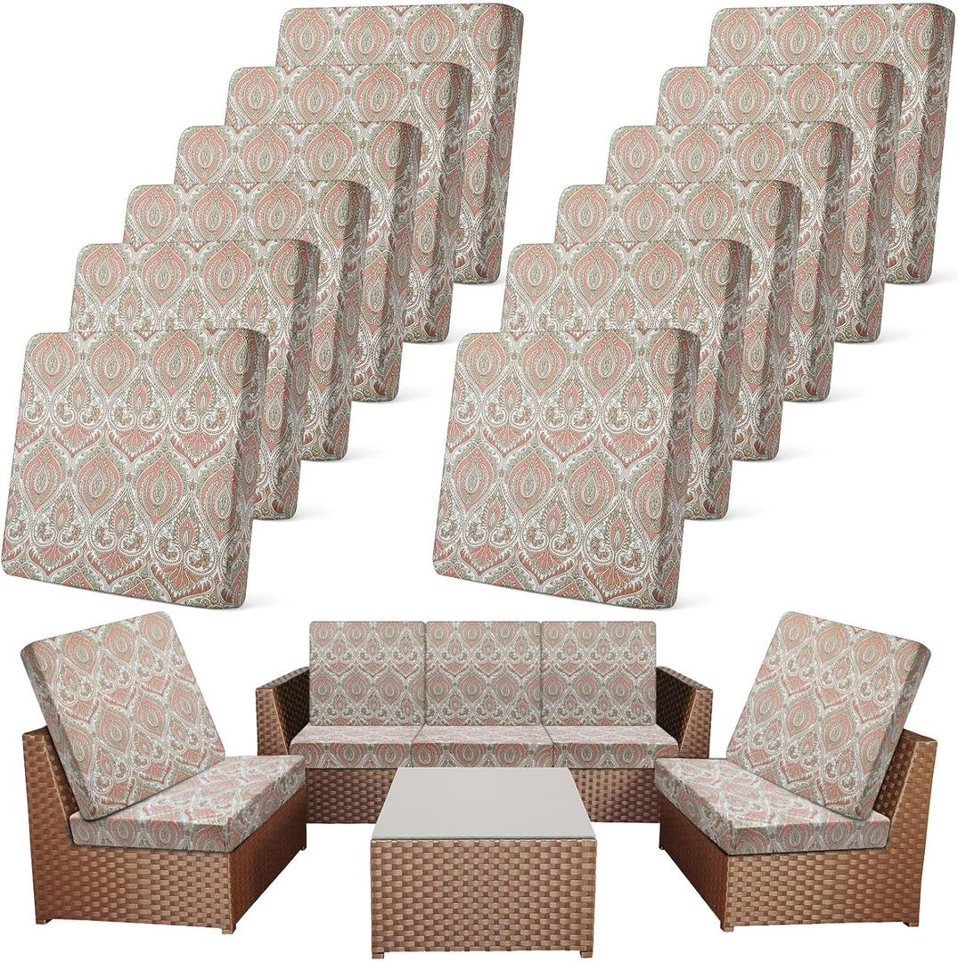 Newwiee 12 Pcs Patio Stretch Outdoor Cushion Covers Sofa Couch Covers Replacement Couch Slipcover for Sofa Seat Chair Porch Patio Furniture Protector, Flexibility and Washable(Paisley Print,Red)