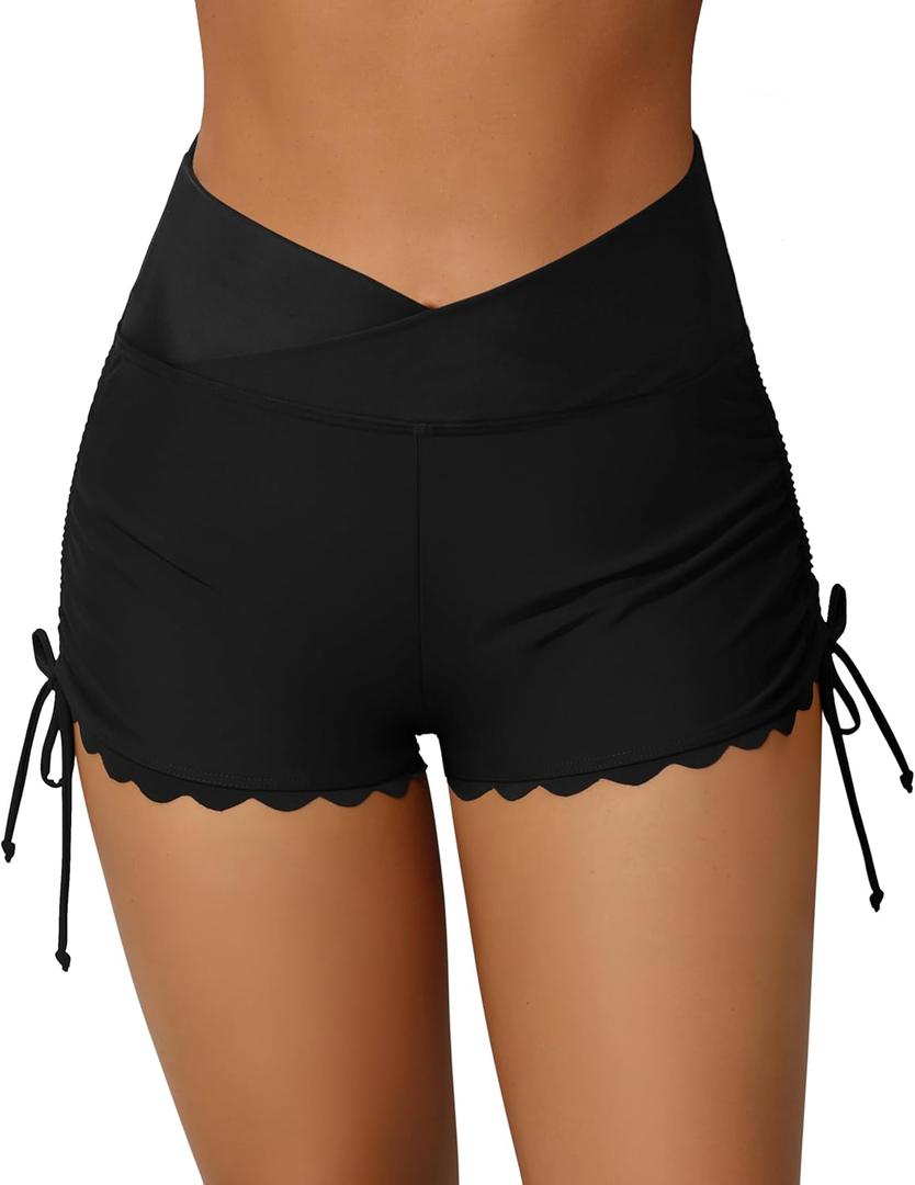 ATTRACO Women Swim Shorts High Waisted Swimsuit Shorts Swim Bottom Board Shorts (Large, Black(crossover Waist))