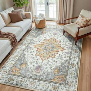 Area Rugs 5'x8' Washable Non-Slip, Floral Vintage Distress Print Pattern Medallion Carpet for Living Room Bedroom Dining Room, Light Yellow Carbon Grey Orange