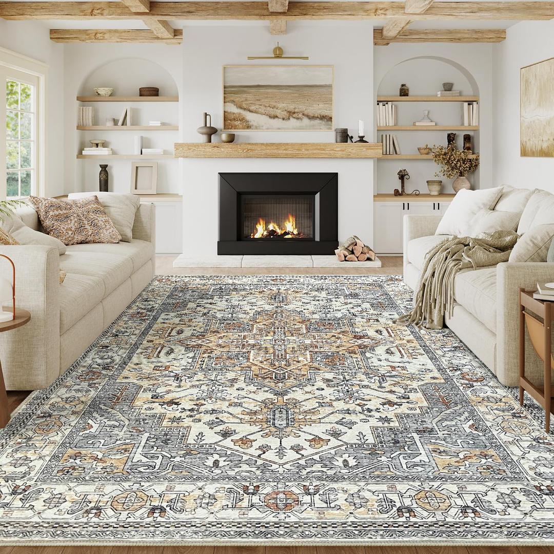 5x7 Area Rugs for Living Room Vintage Machine Washable Rugs Beige Lightweight Chenille Print Rug Low Pile Carpet Throw Rug for Bedroom Office Dining Kitchen Laundry Room Non Slip (5' x 7' (Rectangular), B| Beige)