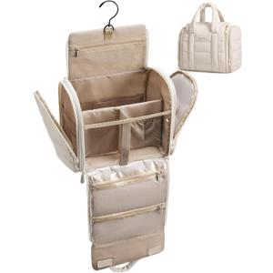 BAGSMART Toiletry Bag for Women with Hanging Hook, Puffy Water-resistant Makeup Cosmetic Bag for Accessories, Shampoo, Full-size Container, Toiletries, Beige
