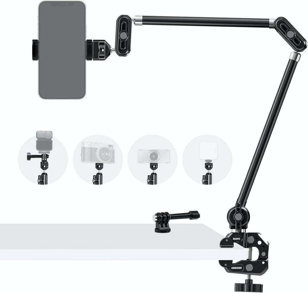 NEEWER 30" Articulating Magic Arm with Super Clamp/Action Cam Mount/Phone Holder, Overhead Camera Desk Mount Mic Boom Stand, Compatible with GoPro iPhone DSLR Webcam Microphone Video Recording, UA056